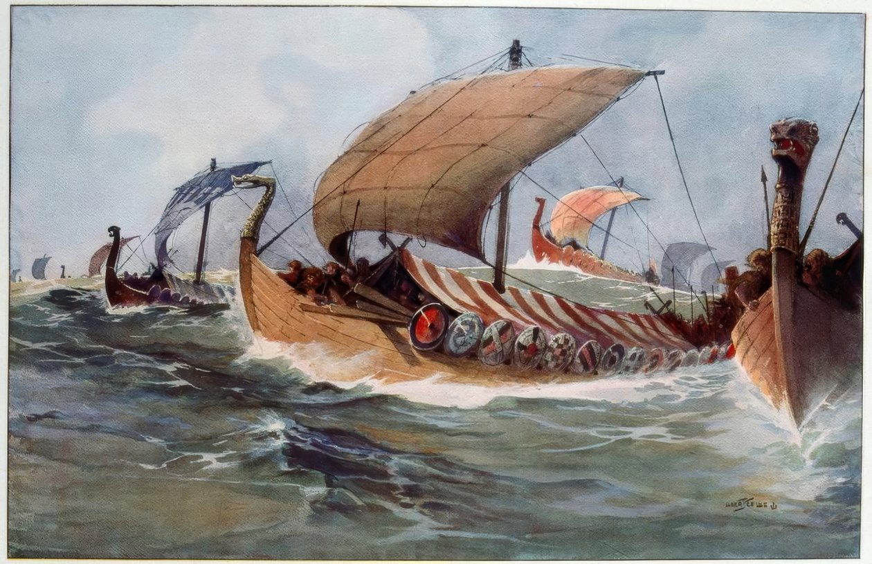 Drakkar. Viking hosszúhajók vitorlák alatt alkotó: Albert Sébille