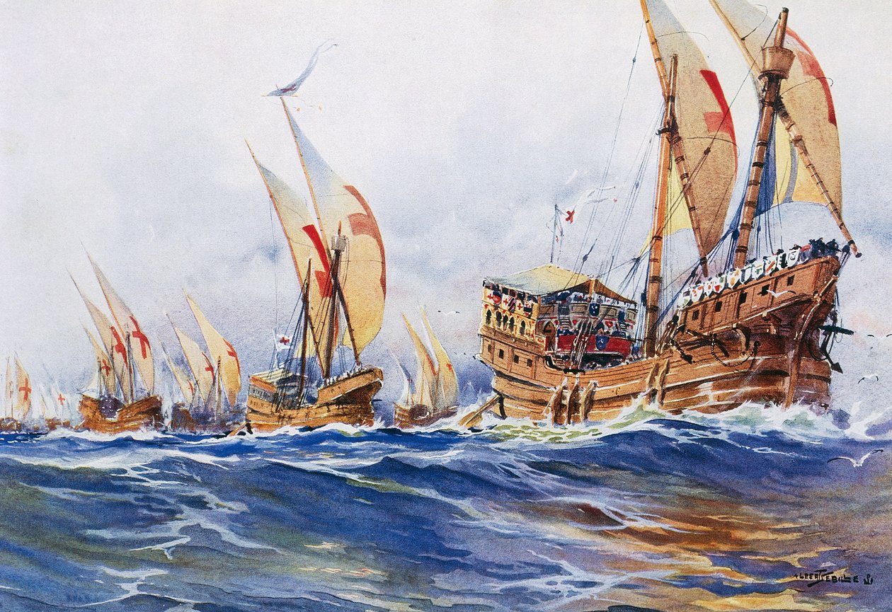 IX. Lajos király francia hajói a nyolcadik keresztes hadjárat során 1268-ban, Albert Sebille (1874-1953) akvarellje. alkotó: Albert Sébille