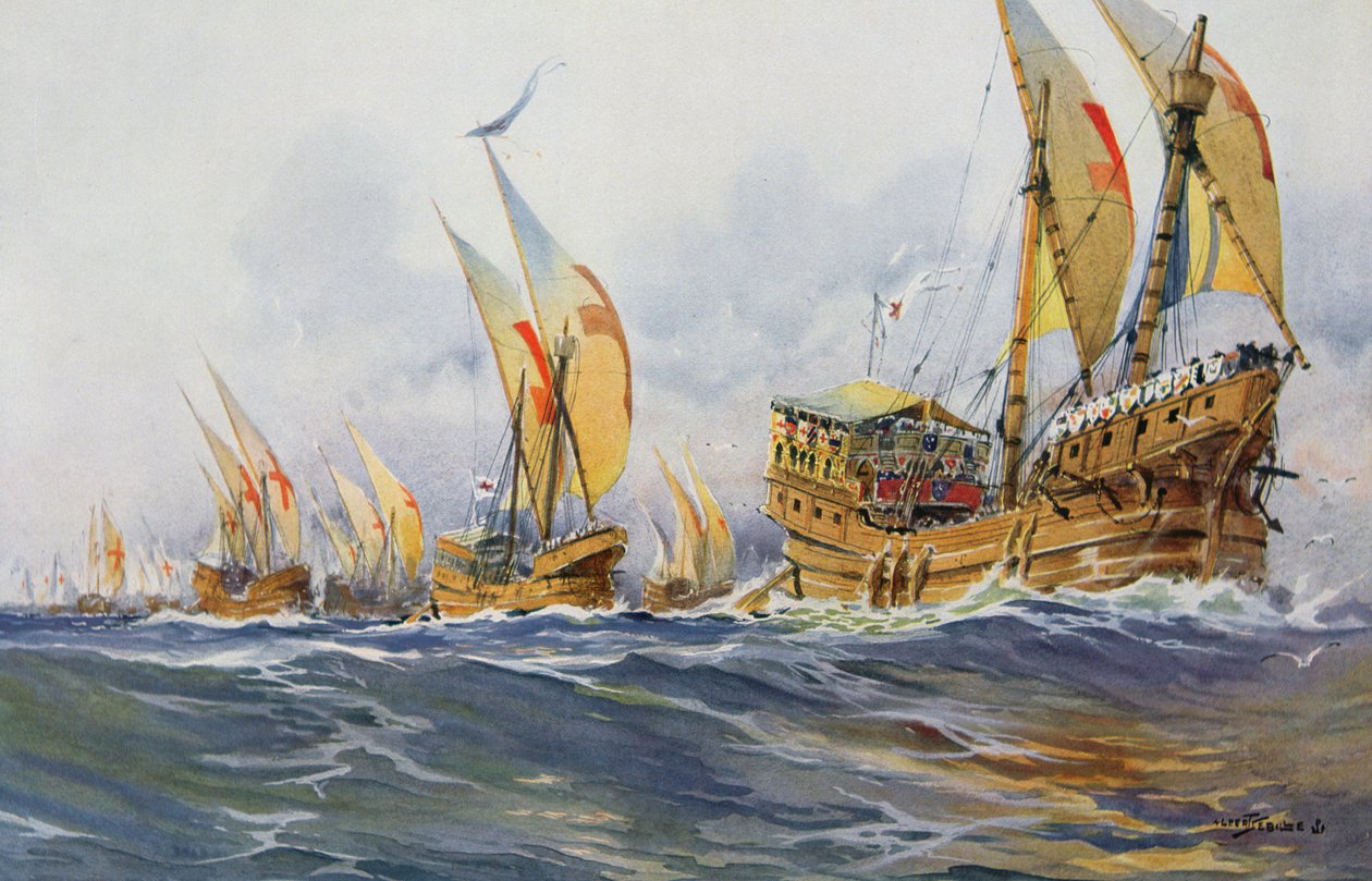 A Saint-Louis francia hajók a nyolcadik keresztes hadjárat során 1268-ban (színes litográfia) alkotó: Albert Sébille