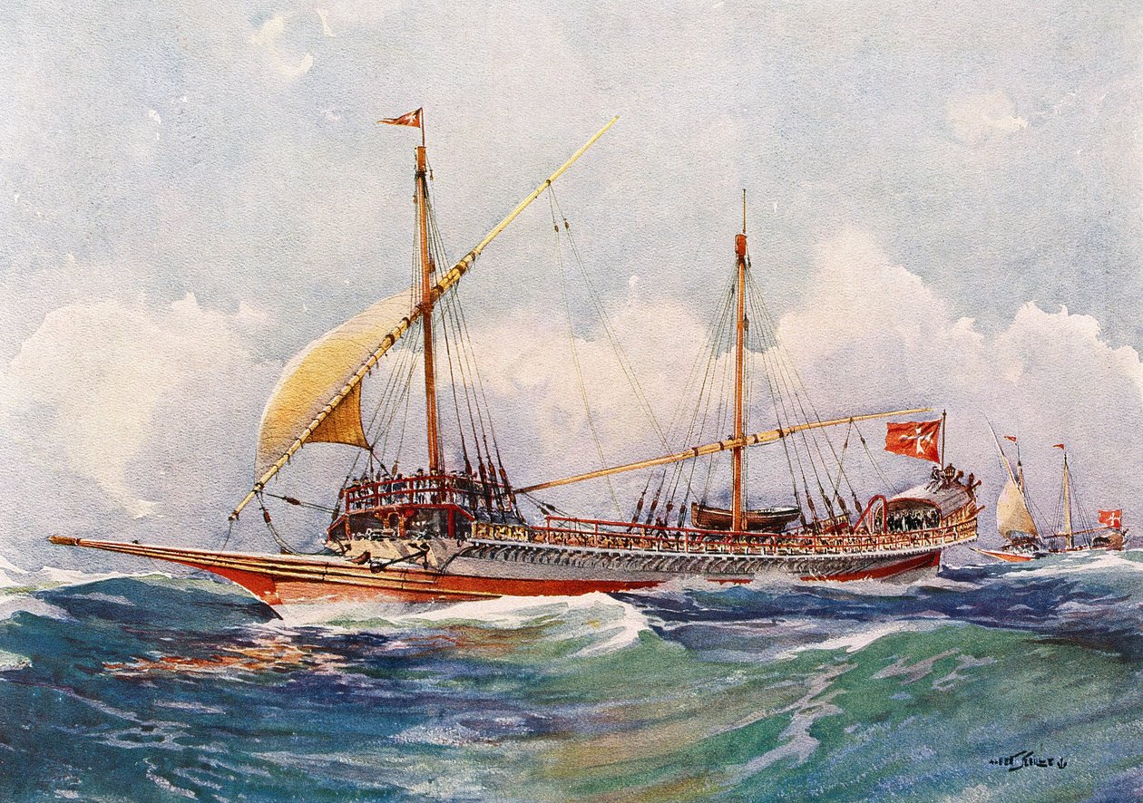 Máltai gálya széllel a vitorlákban (17. század), Albert Sebille (1874-1953) akvarellje. alkotó: Albert Sébille