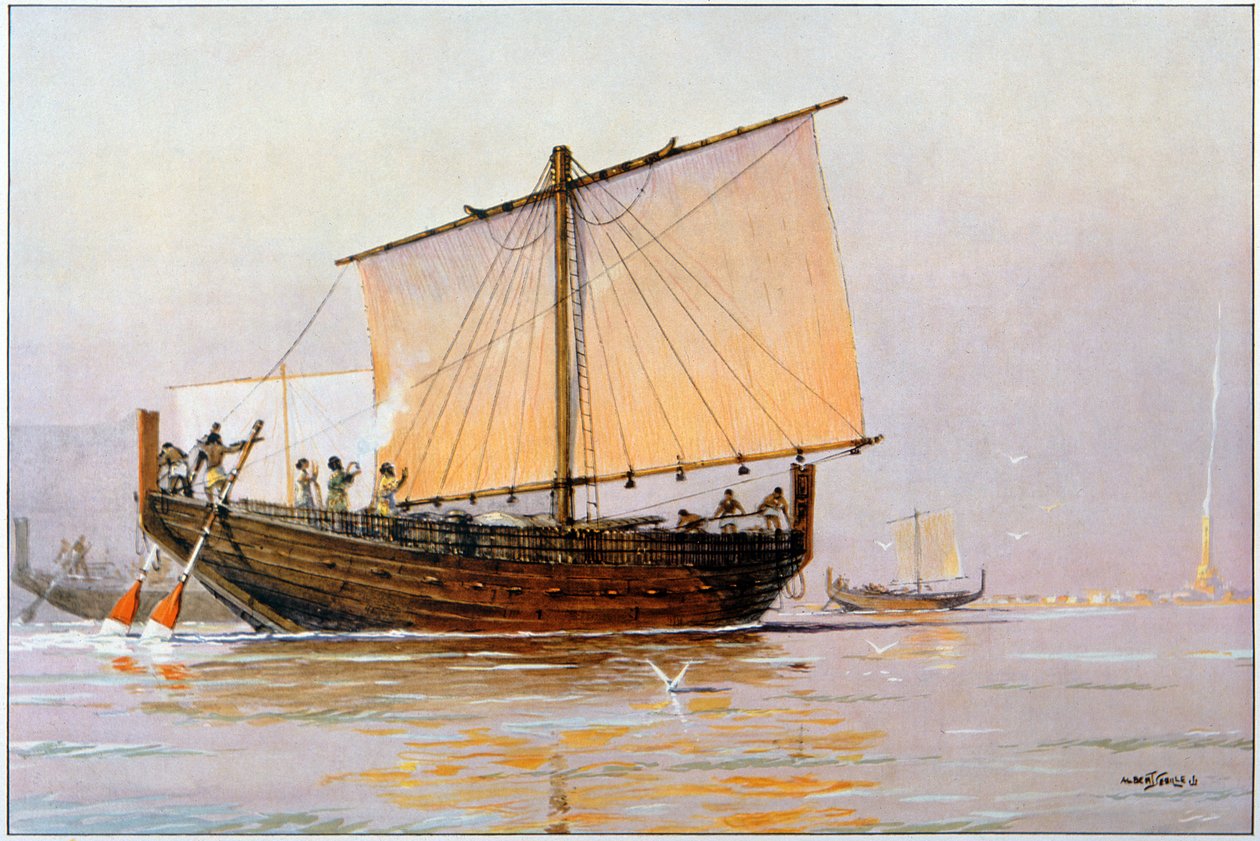 Föníciai kereskedelmi hajó érkezik a Pharoszra (színes litográfia) alkotó: Albert Sébille