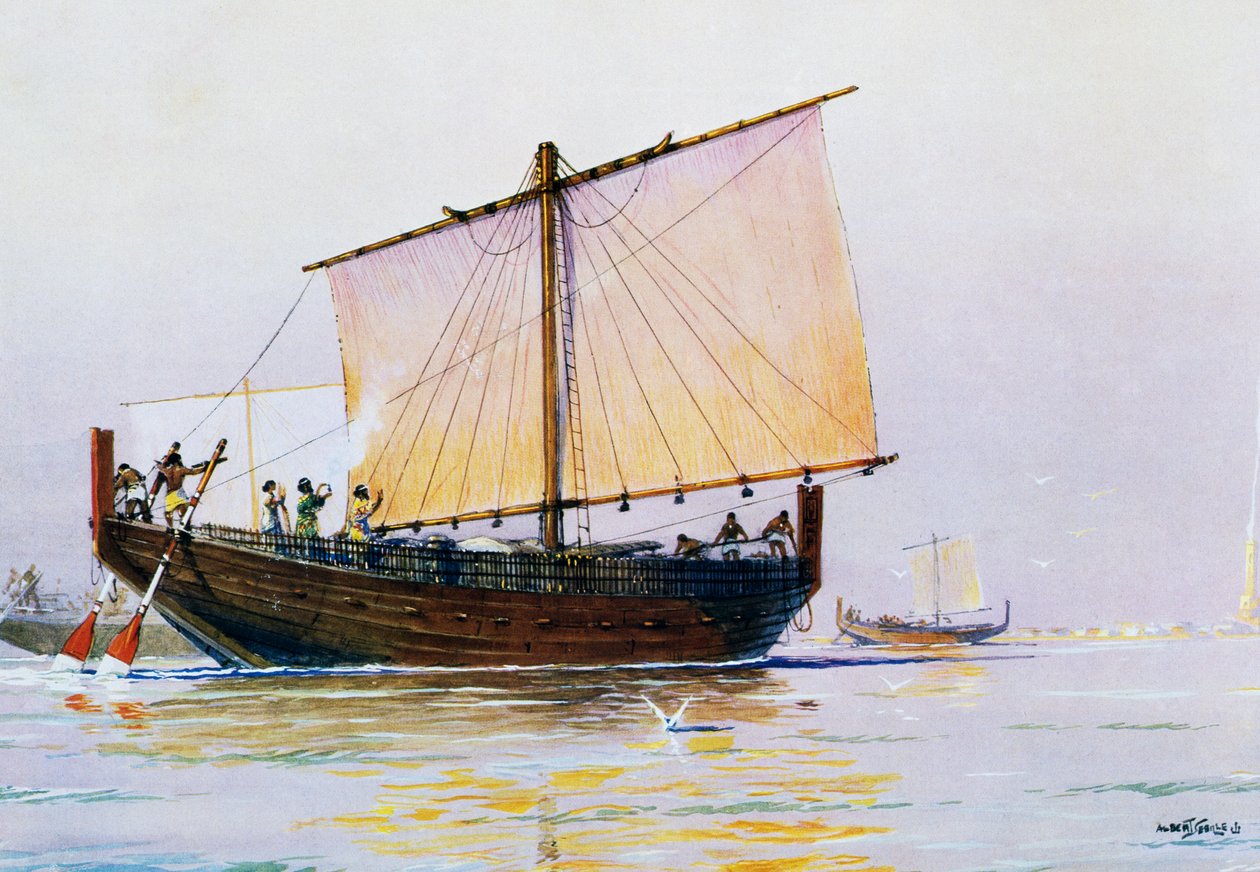 Föníciai kereskedelmi hajó érkezik Pharoszra, Albert Sebille (1874-1953) akvarellje, 20. század alkotó: Albert Sébille