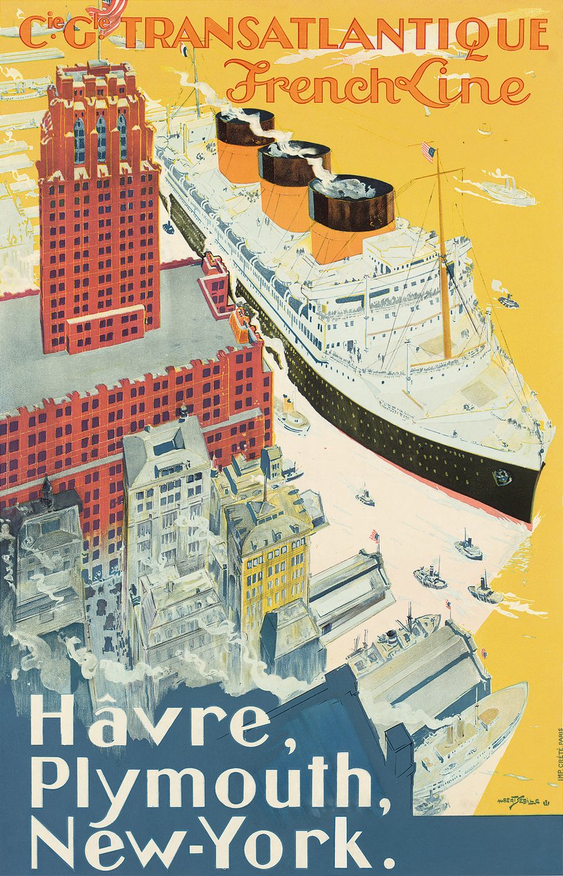 A Companie Generale Transatlantigue hajózási társaság, az úgynevezett "French Line" Le Havre-Plymouth-New York útvonalát reklámozó plakát (színes litográfia) alkotó: Albert Sébille