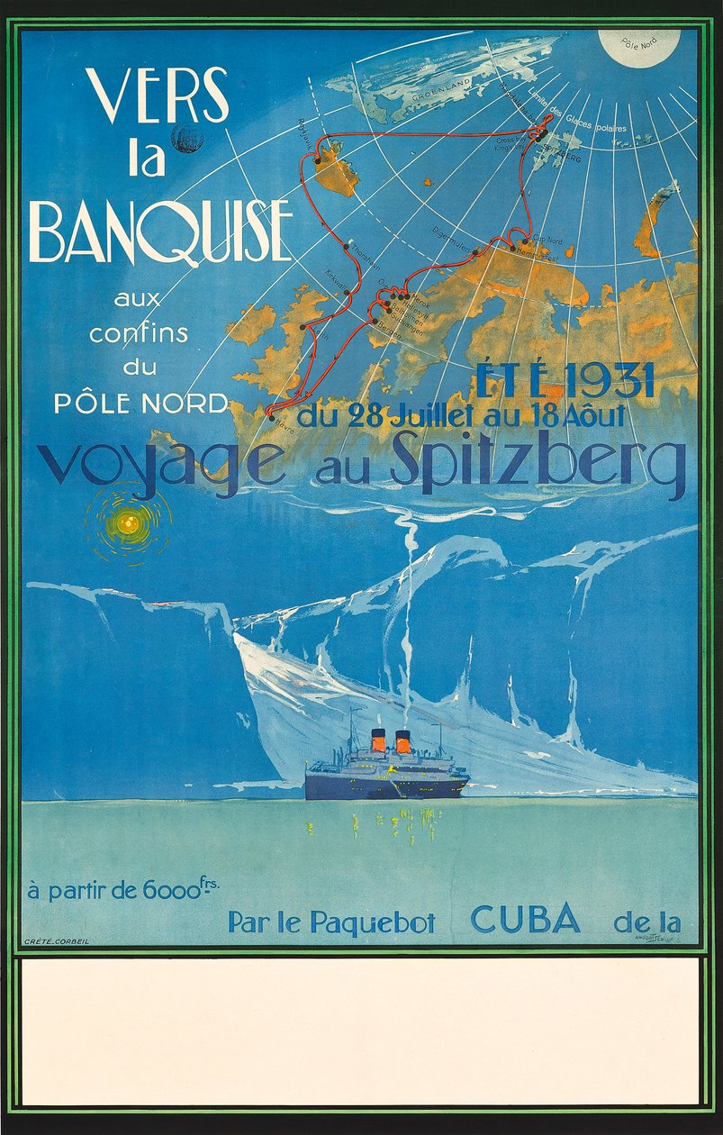 Plakát, amely a norvégiai Spitzbergába való utazást hirdeti, 1931 körül (színes litográfia) alkotó: Albert Sébille