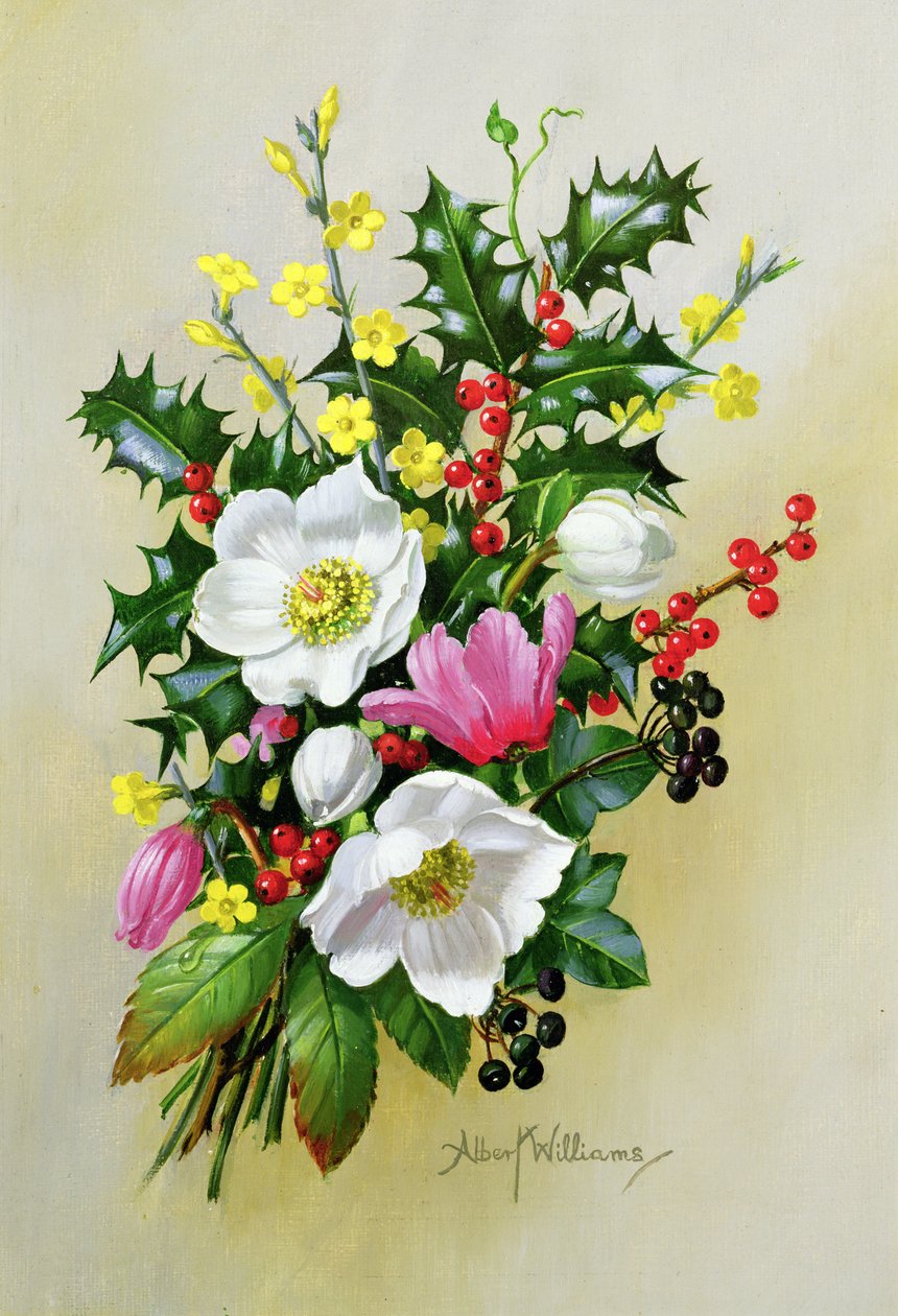 Dogrose, Holly, Fagyöngy és Larkspur spray alkotó: Albert Williams