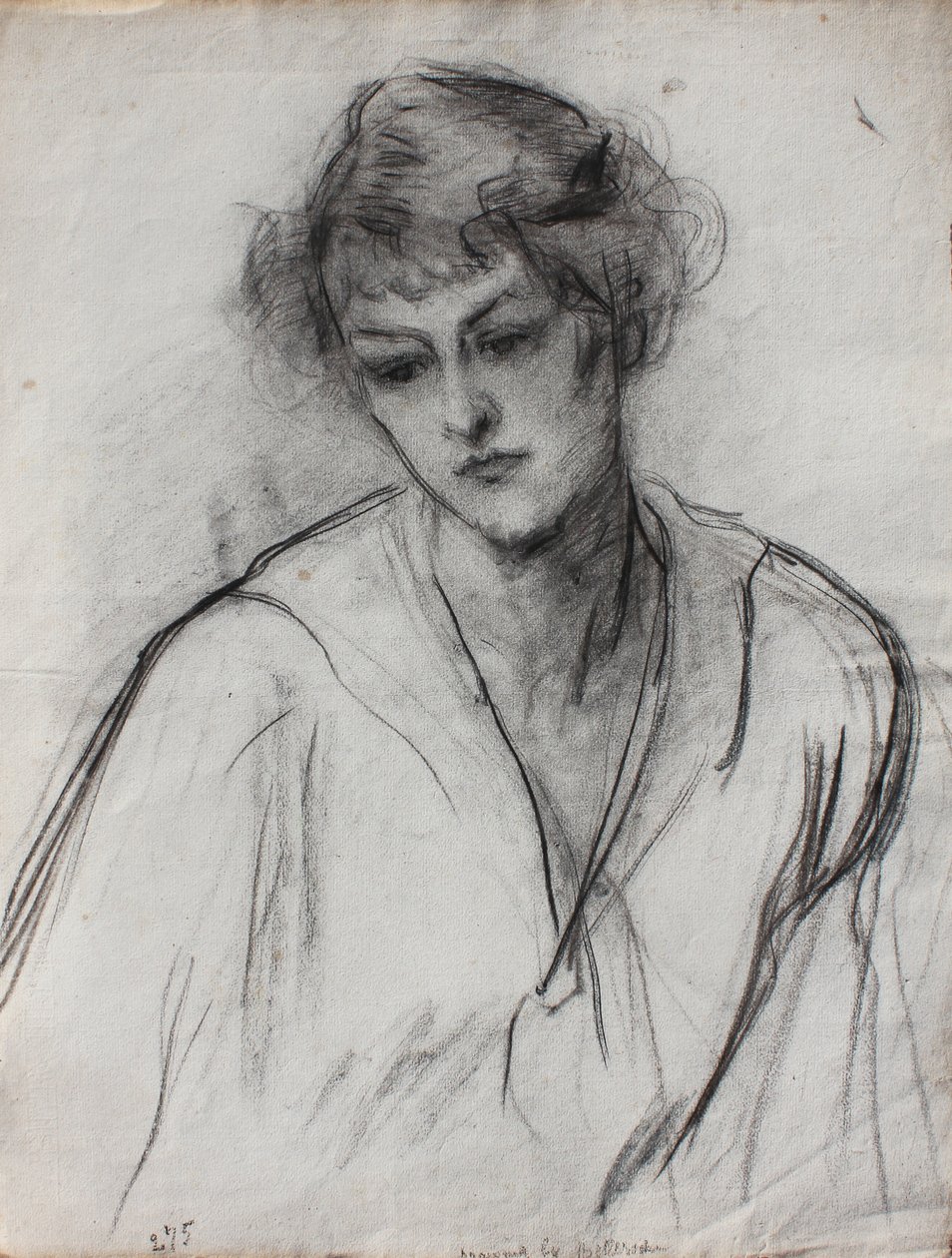 Egy fiatal lány félalakos portréja előrehajolva, 1910 körül (fekete kréta papíron) alkotó: Albert de Belleroche