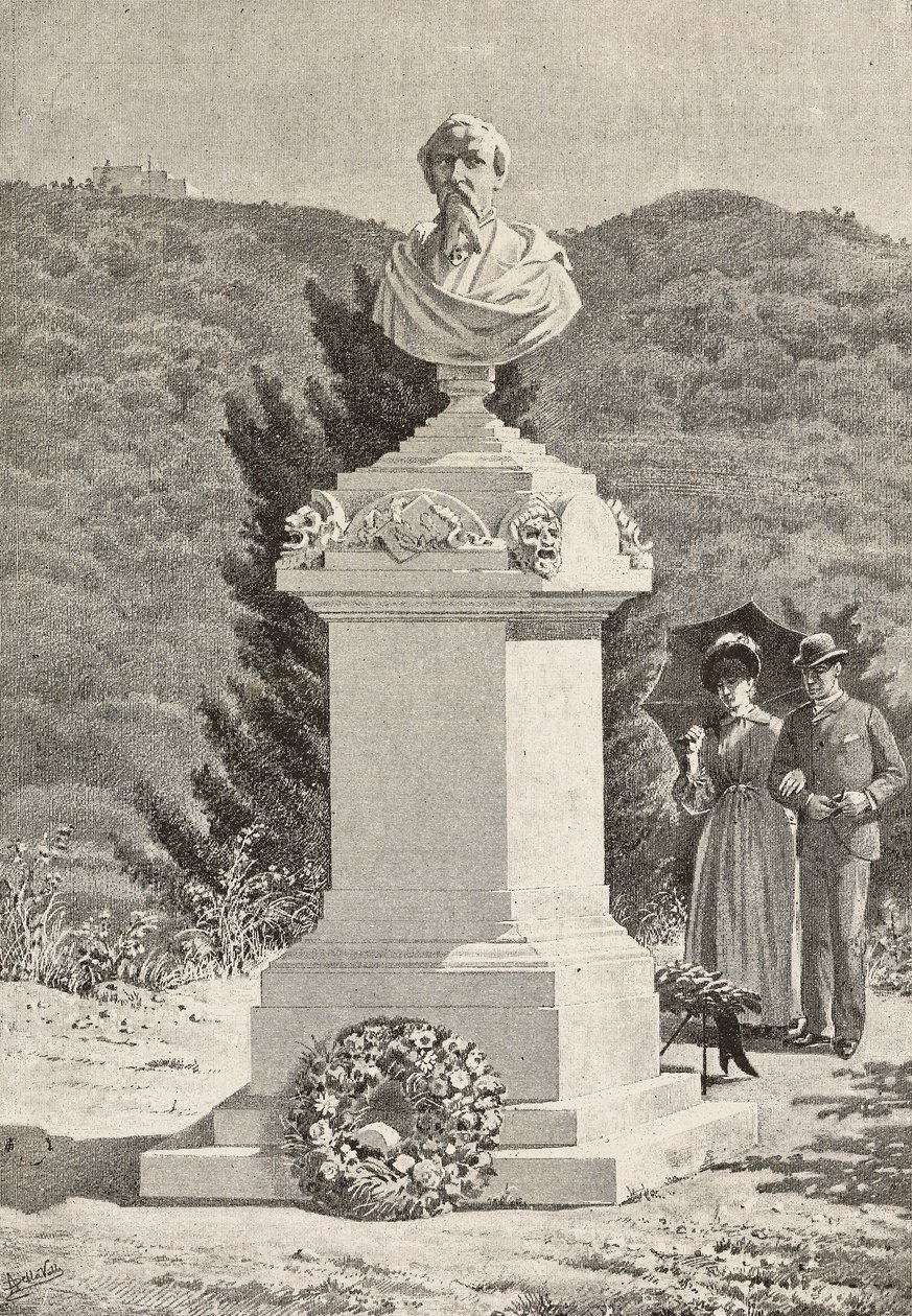 Paolo Giacometti (1816-1882) emlékműve a Staglieno temetőben, Genova, Olaszország, metszet Alberto della Valle rajzáról, L