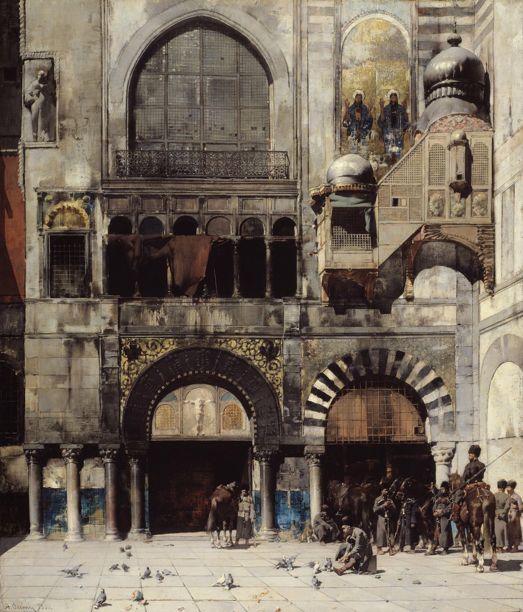 Cerkesz lovasság várja parancsnokukat egy bizánci emlékmű ajtajában, Kelet emléke, 1880 alkotó: Alberto Pasini