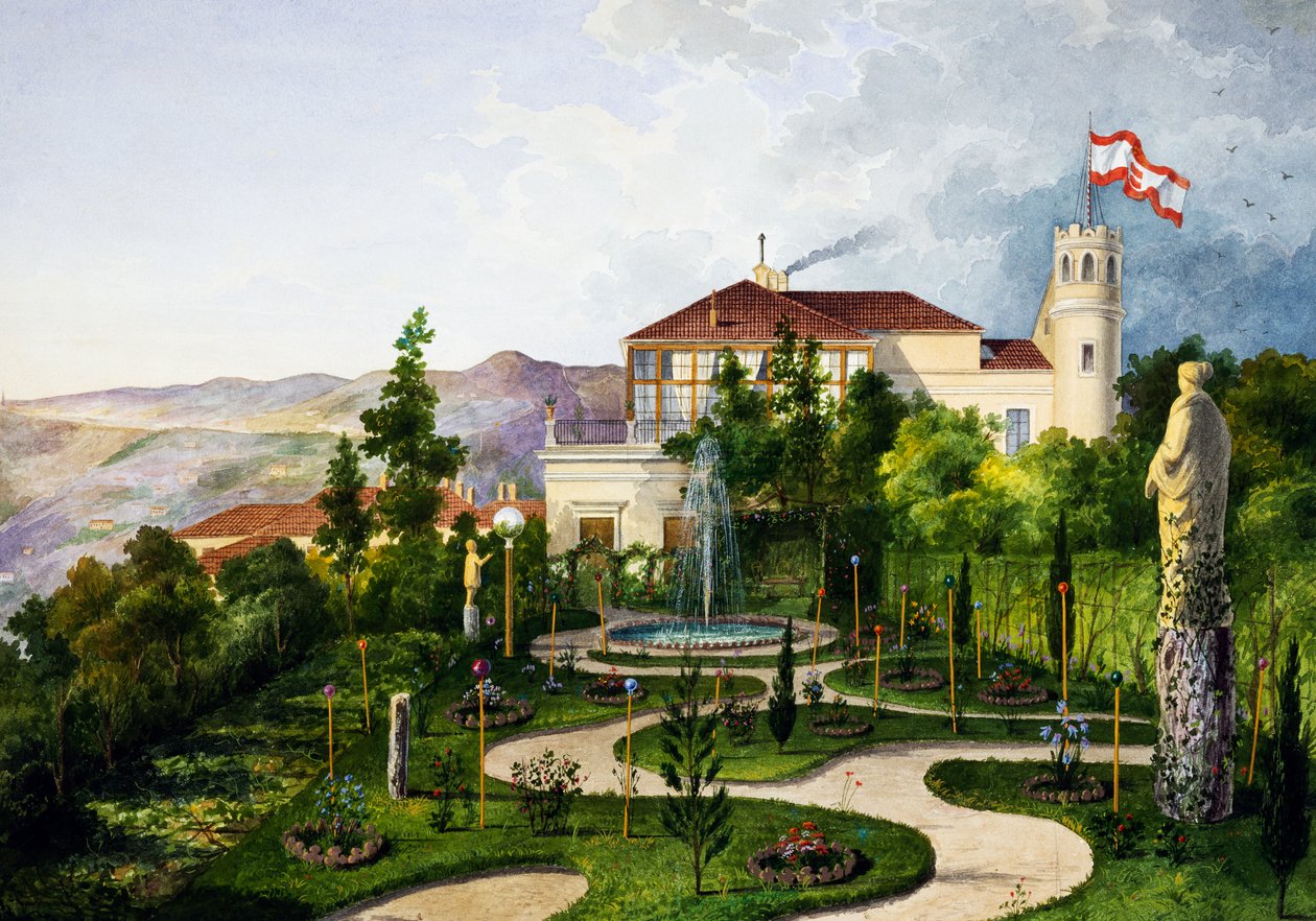 Külső kerttel, a Villa Lazzarovic trieszti Habsburg Maximilian (1832-1867) rezidenciájától délnyugatra alkotó: Alberto Prosdocini or Prosdocimi