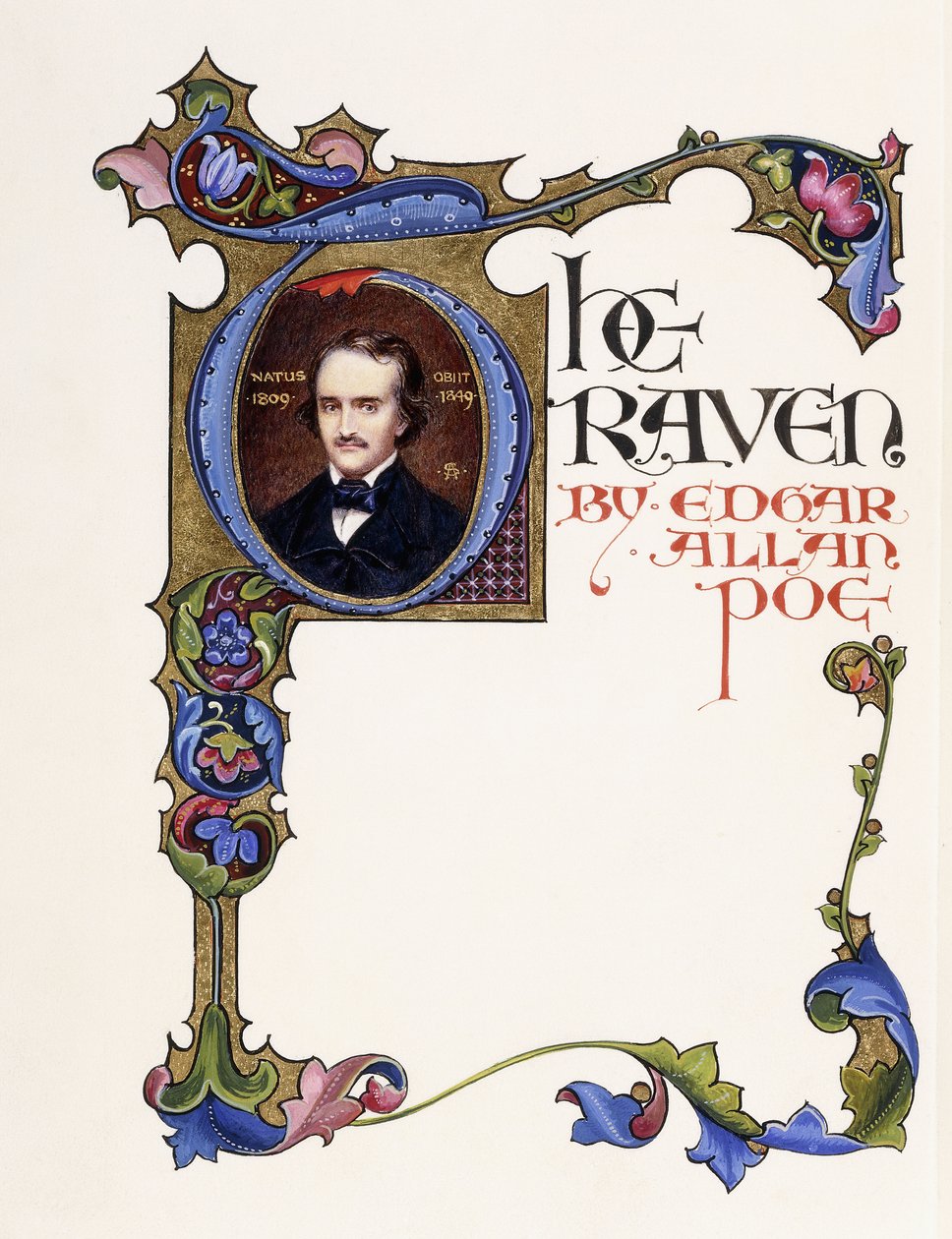 Megvilágított címlap Edgar Allan Poe „A holló” című könyvéből, amely a művész portréját és egy történelmi „T” kezdőbetűjét mutatja. alkotó: Alberto Sangorski