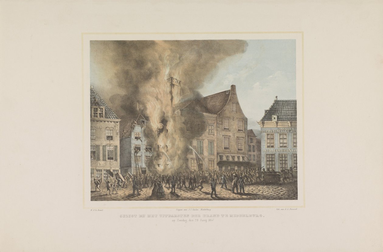 Kilátás a middelburgi tűz kitörésére. 1857. június 28-án, vasárnap (cím a tárgyon) alkotó: Albertus Anthonius Nunnink