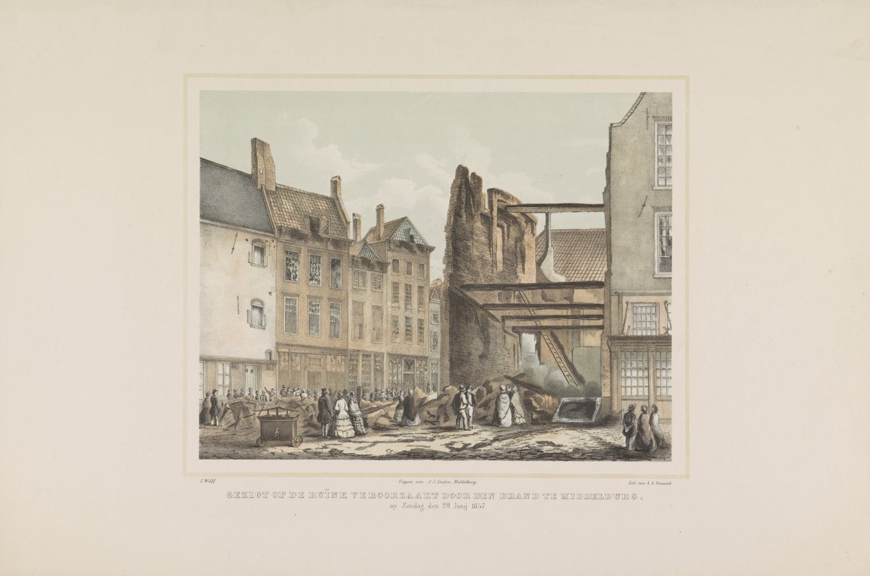 Kilátás a middelburgi tűz által okozott romokra. 1857. június 28-án, vasárnap (cím a tárgyon) alkotó: Albertus Anthonius Nunnink