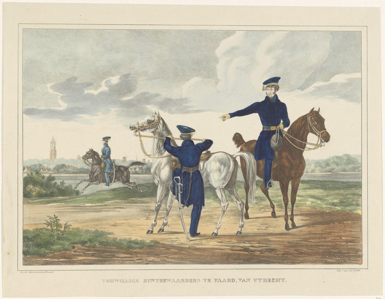 Önkéntes pihenőőrök lóháton Utrechtből, 1830 Önkéntes pihenőőrök lovon, Utrechtből (cím a tárgyon) alkotó: Albertus Verhoesen