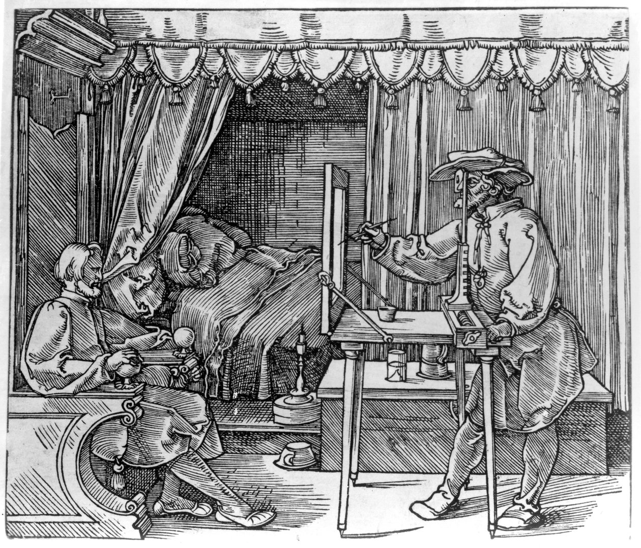 Egy rajzoló, aki egy portréhoz részleteket készít, és perspektivikus berendezést használ az üvegre rajzoláshoz, Albrecht Durer „A rajzművészet kurzusa” című könyvéből, 1525-ben Nürnbergben. alkotó: Albrecht Dürer