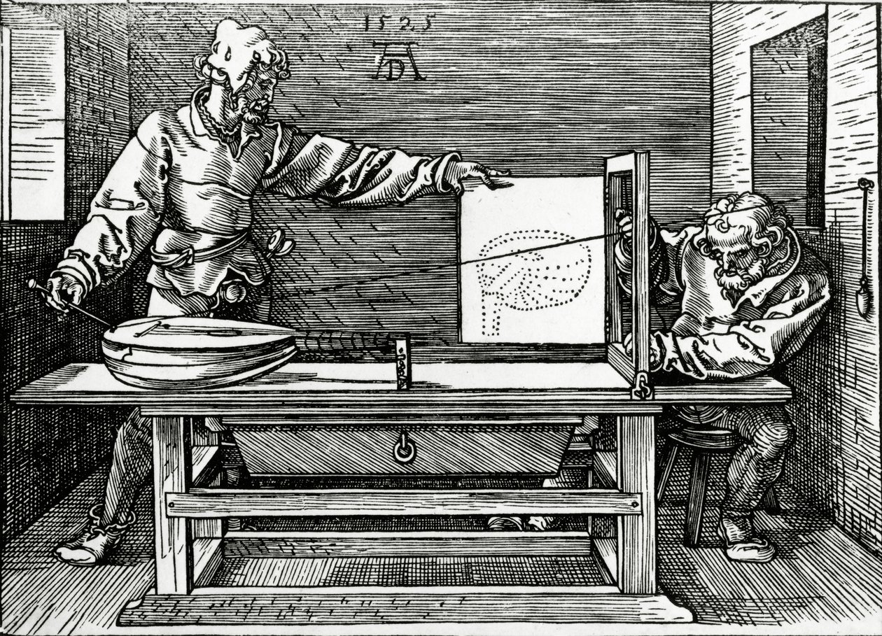 Egy művész, aki perspektivikus apparátus segítségével lantot rajzol, illusztráció Durer 1525-ben megjelent „Four Books on Measurement” című művéből. alkotó: Albrecht Dürer