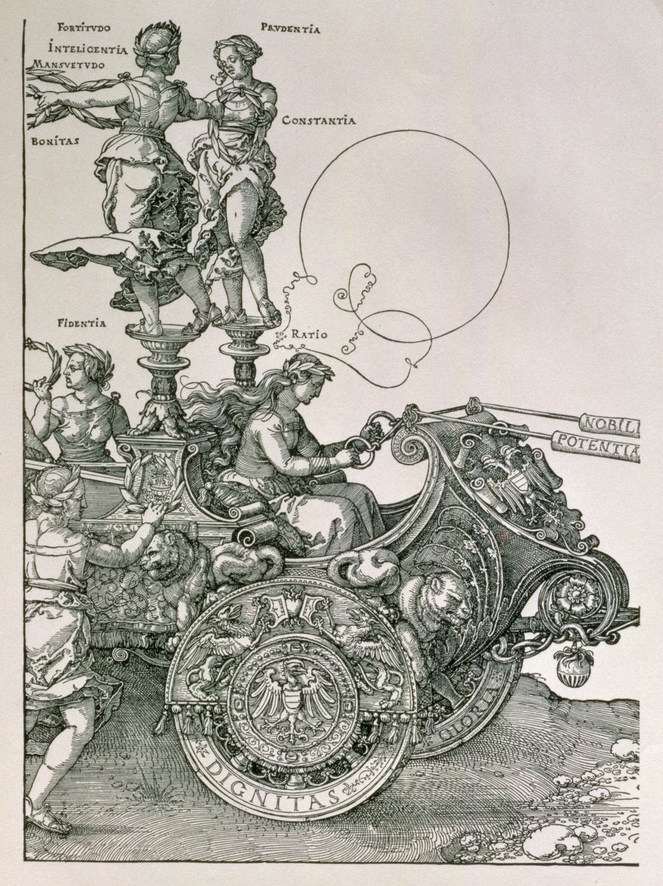 „I. Maximilian császár nagy diadalszekere” terve: a lovak csapatát irányító erényeket bemutató részlet, Willibald Pirckheimer, pub. 1518 körül (lásd még: 77582) alkotó: Albrecht Dürer