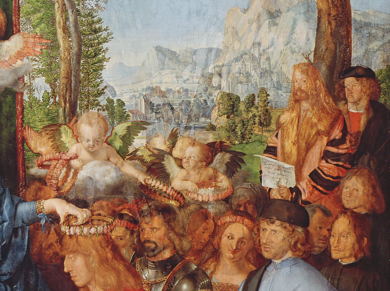 Részlet "A rózsafüzér ünnepe" című képből, amely Dürer szakállas, hosszú szőke hajú, bundás önarcképét mutatja, amint egy fa előtt áll, kezében egy tekercset tart, 1506 (lásd al alkotó: Albrecht Dürer