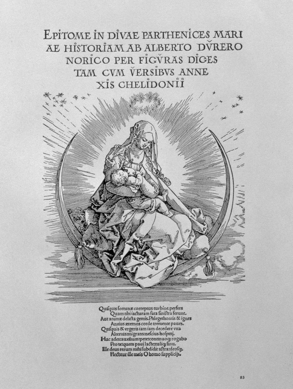 Madonna, mint szoptató anya és isteni lény, A Szűz élete című sorozat címlapja, kocsma. 1511 alkotó: Albrecht Dürer