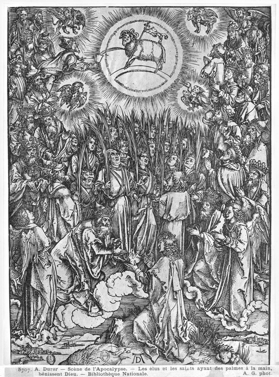 Jelenet az Apokalipszisből, A Bárány imádása, német kiadás, 1498 alkotó: Albrecht Dürer