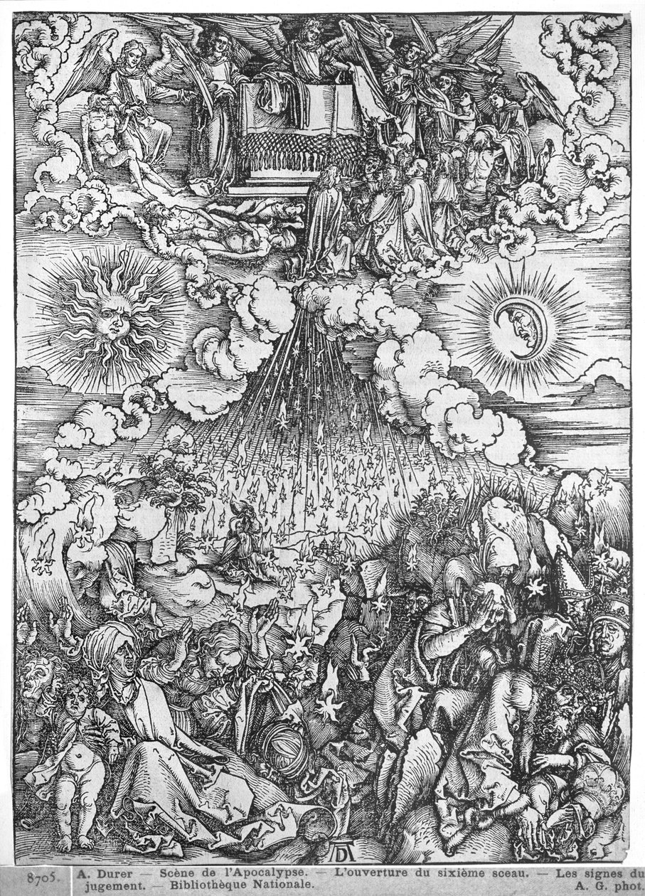 Jelenet az Apokalipszisből, Az ötödik és hatodik pecsét felnyitása, latin kiadás, 1511 alkotó: Albrecht Dürer
