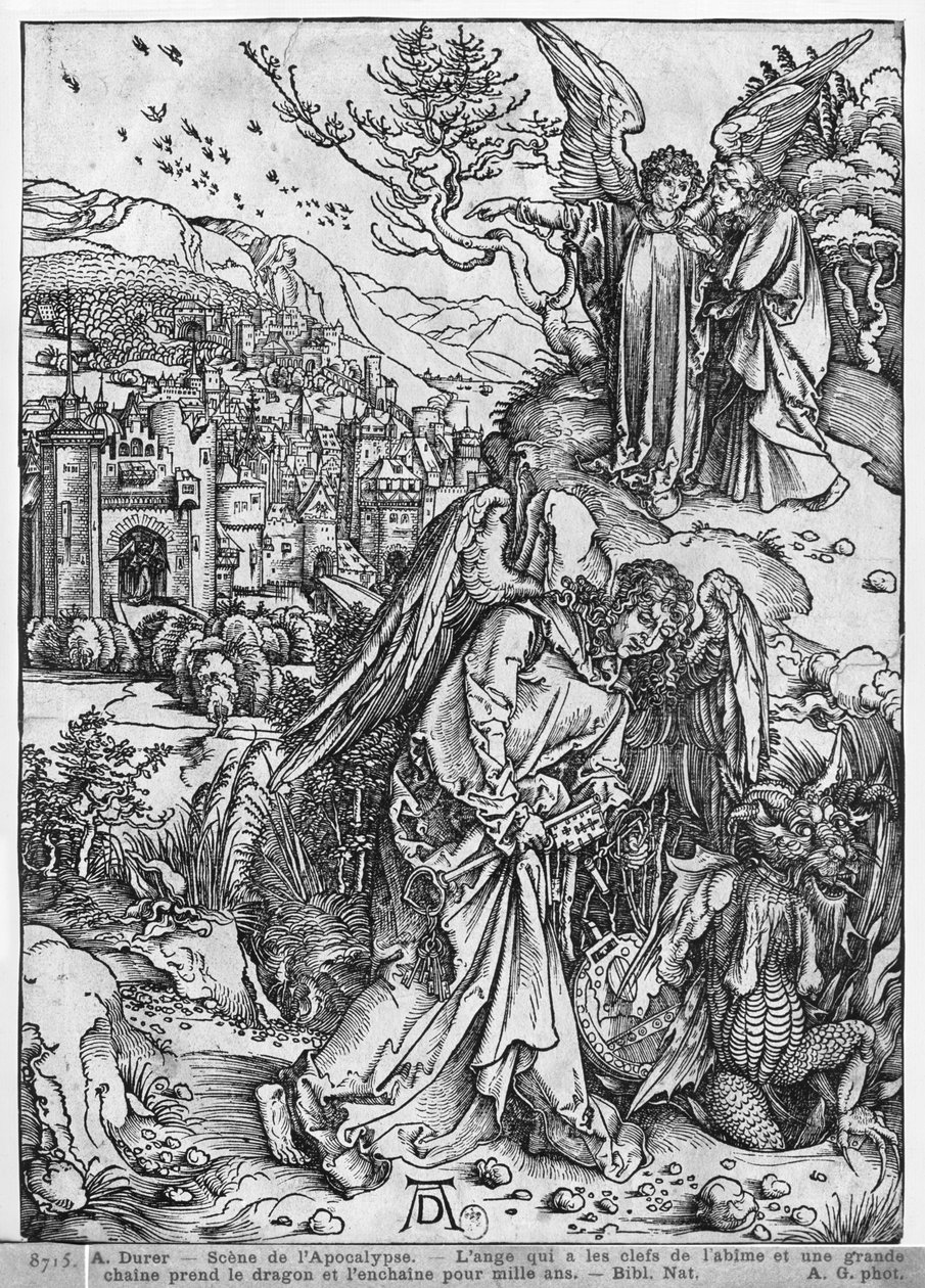 Jelenet az Apokalipszisből, Az angyal, aki a mélység kulcsait és egy nagy láncot tartja, ezer évre megláncolja a sárkányt, latin kiadás, 1511 alkotó: Albrecht Dürer