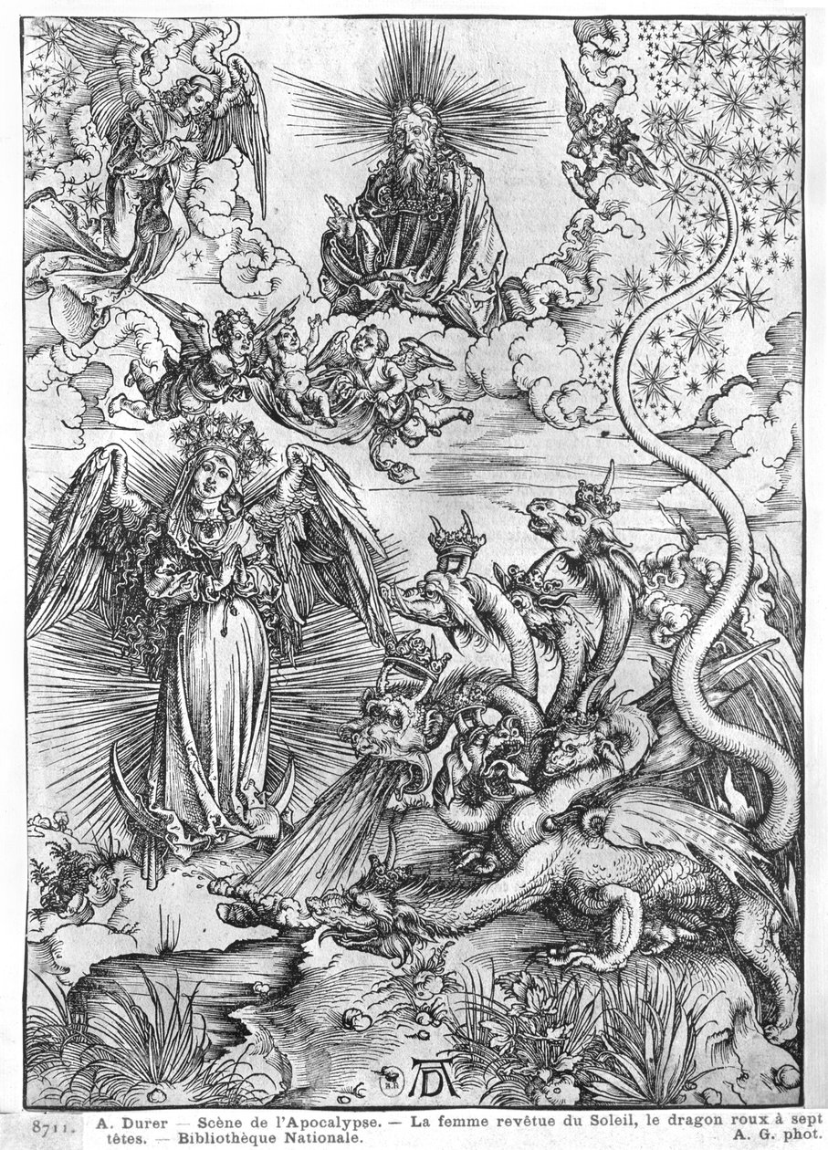 Jelenet az Apokalipszisből, A napba és hétfejű sárkányba öltözött nő, latin kiadás, 1511 alkotó: Albrecht Dürer