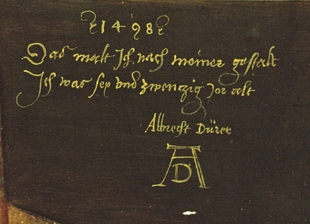 Önarckép kesztyűvel, aláírás részlet, 1498 (545 részlet) alkotó: Albrecht Dürer
