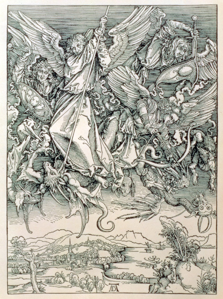 Szent Mihály harc a sárkánnyal az „Apokalipszis” vagy „Isteni Szent János kinyilatkoztatásai” című kocsmából. 1498 alkotó: Albrecht Dürer
