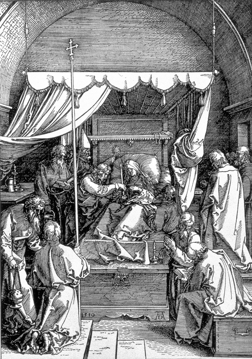 A Szűz halála a „Szűz élete” sorozatból, vésett 1510, kocsma. 1511 alkotó: Albrecht Dürer