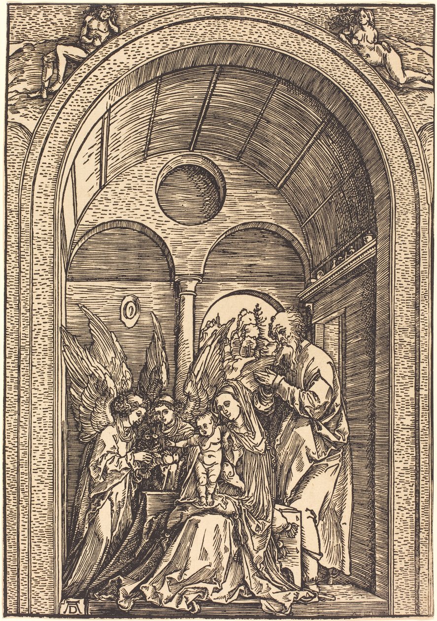 A Szent Család két angyallal egy boltíves teremben alkotó: Albrecht Dürer