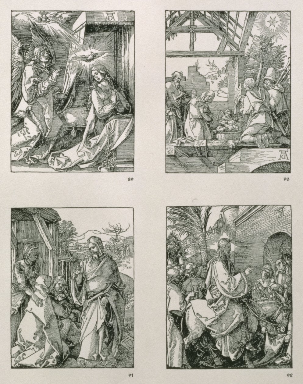 A „Kis szenvedély” sorozat (TL-BR): Az Angyali üdvözlet; A Pásztorok imádata; Krisztus búcsút vesz anyjától; Krisztus belépése Jeruzsálembe, kocsma. 1511 alkotó: Albrecht Dürer