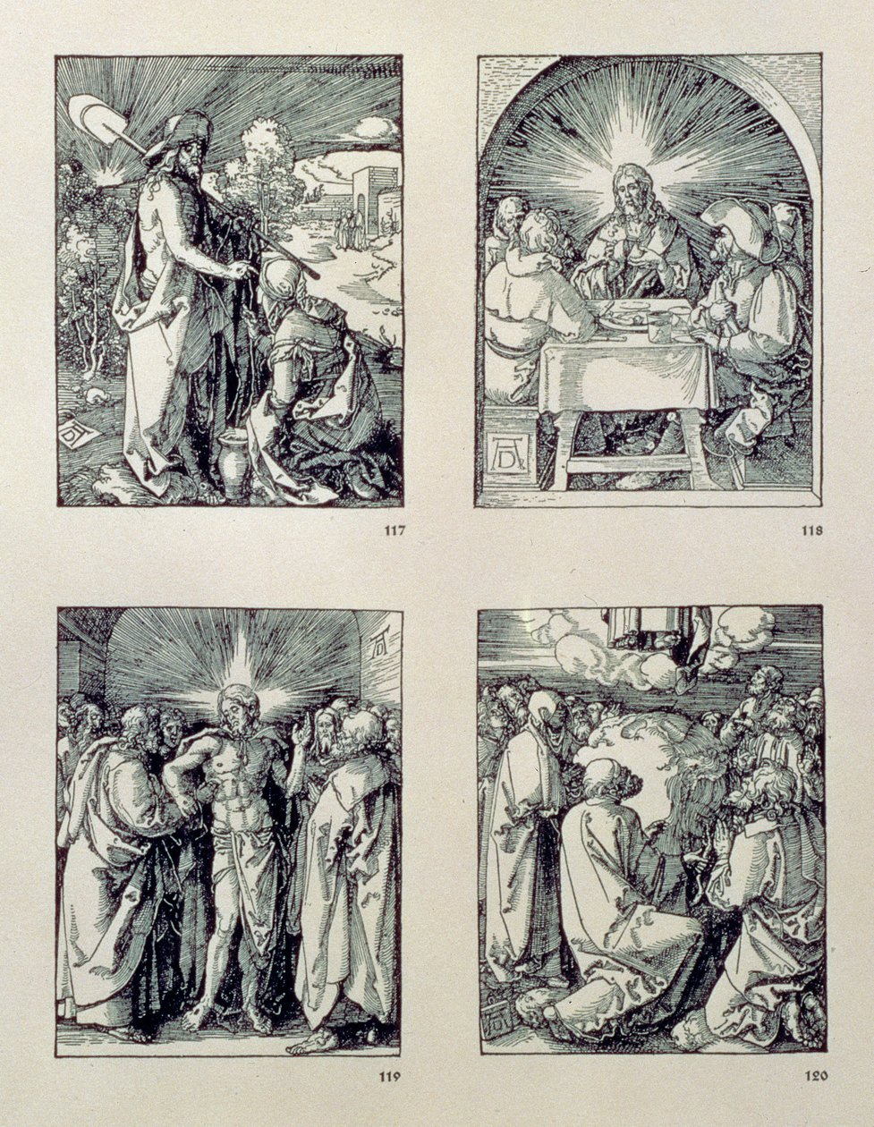 A „Kis szenvedély” sorozat: (az óramutató járásával megegyező irányban), Krisztus kertészként jelenik meg a Magdolnának; Krisztus Emmausban; Krisztus és a kétkedő Tamás; Felemelkedés, kocsma. 1511 alkotó: Albrecht Dürer
