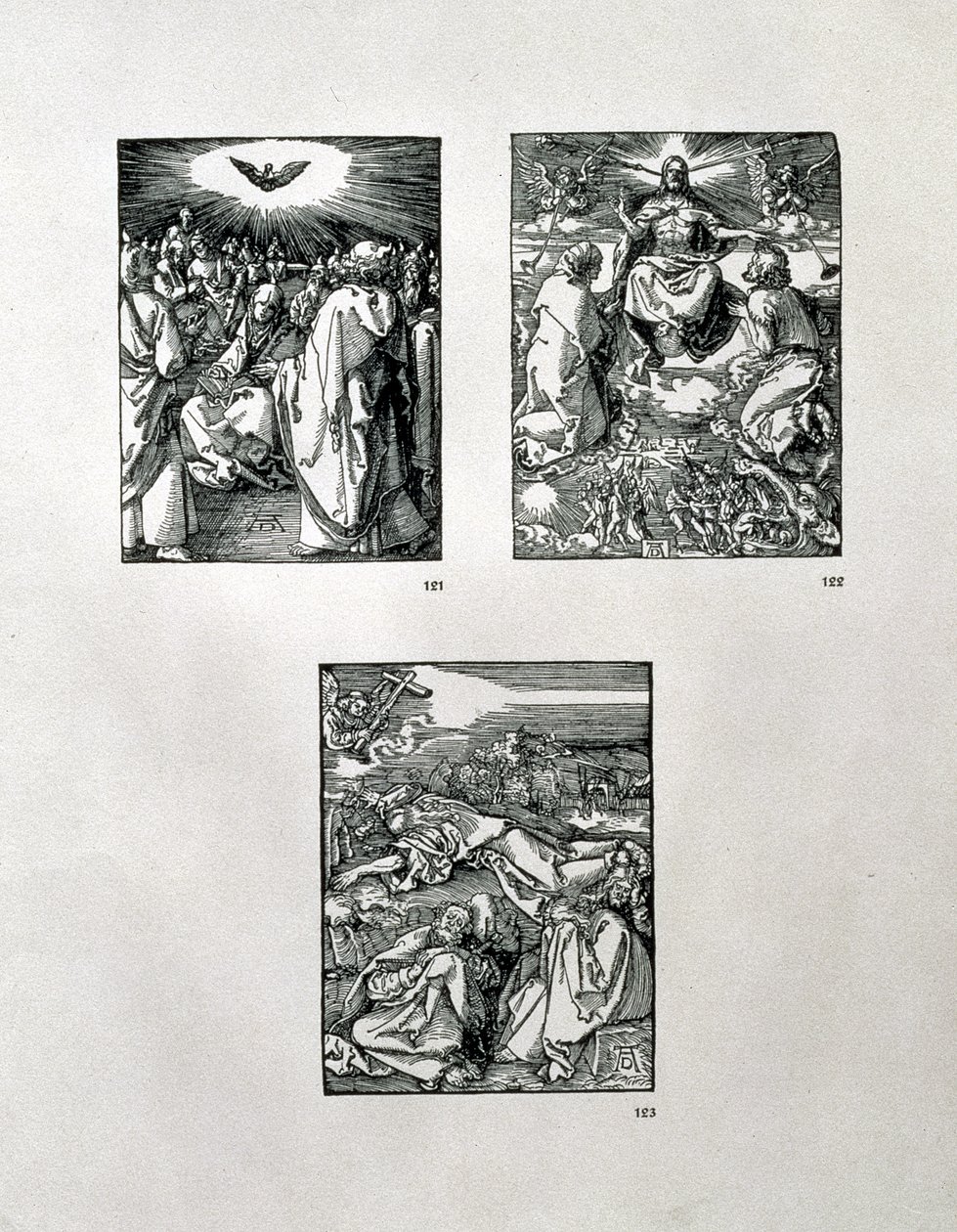 A „Kis szenvedély” sorozat (óramutató járásával megegyezően): Pünkösd; Utolsó ítélet; Agónia a kertben, kocsma. 1511 alkotó: Albrecht Dürer