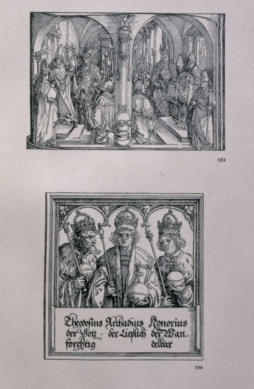 I. Maximilianus császár (1459-1519) diadalíve: részlet, amely két táblát mutat, (fent) Maximilian és (lent) I. Theodosius római császár életének eseménye, a Nagy (346-395 körül) és t. alkotó: Albrecht Dürer
