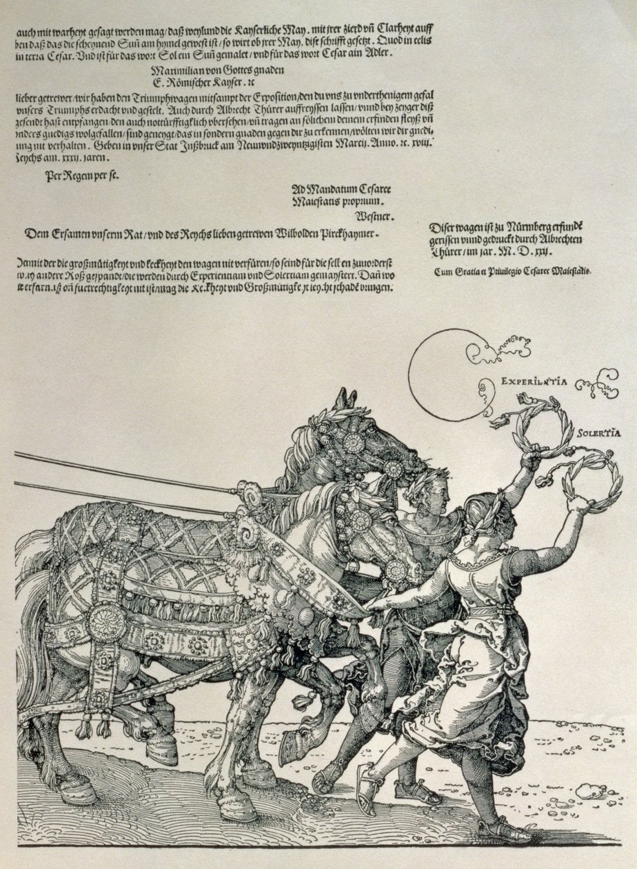 I. Maximilianus császár, Németország császára (1459-1519) diadalszekere: a két erény, a Szorgalom és a Szorgalom által vezetett lovascsapatok részlete, 1518 körül, kiadó. alkotó: Albrecht Dürer