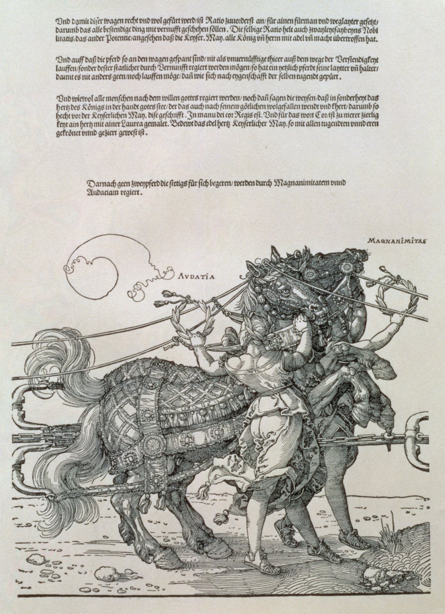I. Maximilianus német császár diadalszekere (1459-1519): a két erény, a Nagylelkűség és a Bátorság által vezetett lovascsapatok részlete. alkotó: Albrecht Dürer