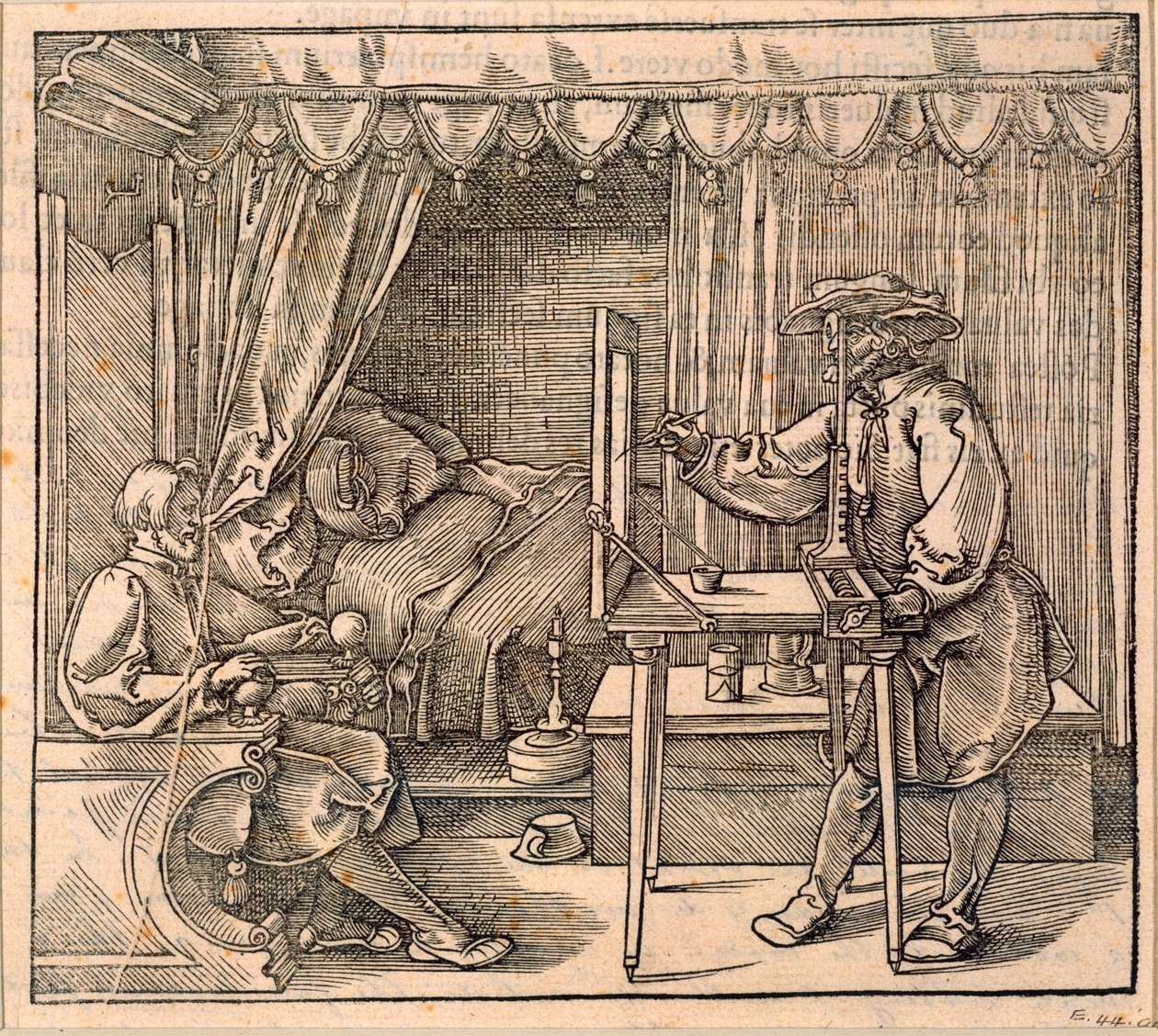 Egy rajzoló, aki részleteket készített portréhoz, perspektivikus berendezést használva üvegre rajzoláshoz, Albrecht Durer „Rajzművészet tanfolyam” című művéből, 1525-ben Nürnbergben (lásd még 2. alkotó: Albrecht Dürer