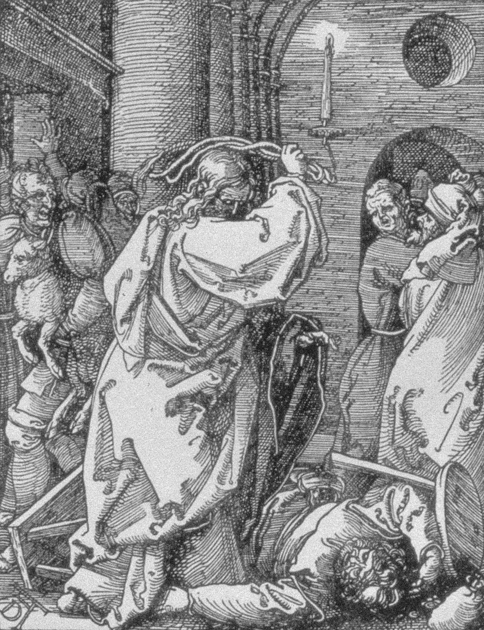 Krisztus kiűzi a pénzváltókat a templomból, a „Kis szenvedély” sorozatból, pub.1511 (78015. részlet) alkotó: Albrecht Dürer