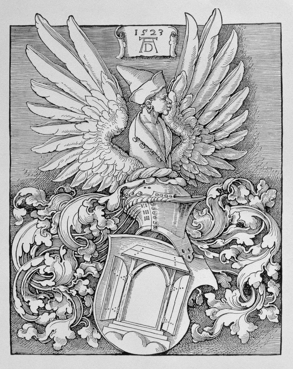 A Durer család címere, a művész monogramjával és hely a feliratnak, 1523 alkotó: Albrecht Dürer