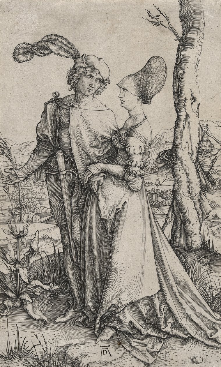 A sétány vagy a halál által fenyegetett fiatal pár, 1498 körül (metszet fektetett papírra) alkotó: Albrecht Dürer