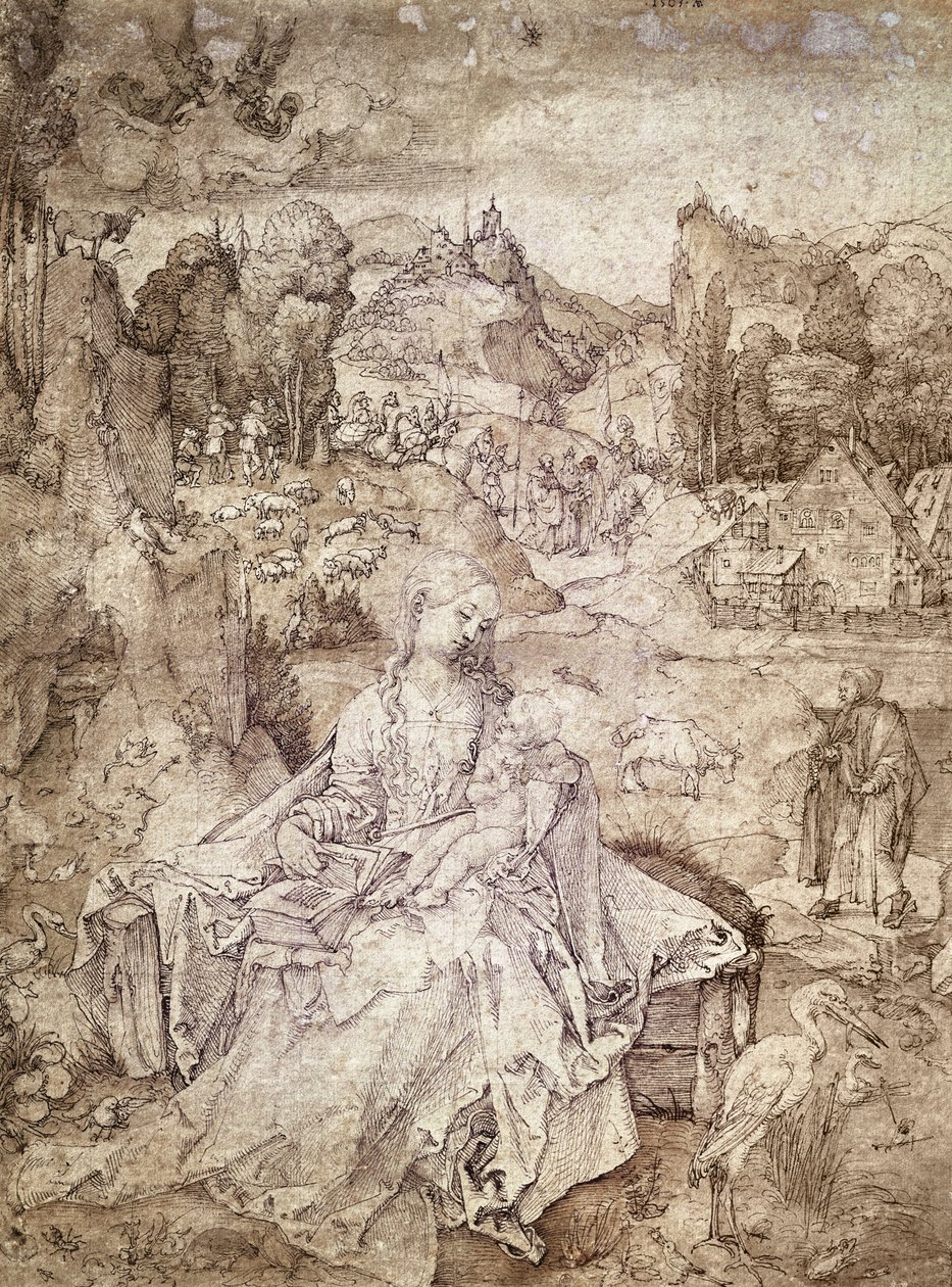 Szűz Mária egy táj közepén, 1503 (toll és akvarell papíron) alkotó: Albrecht Dürer