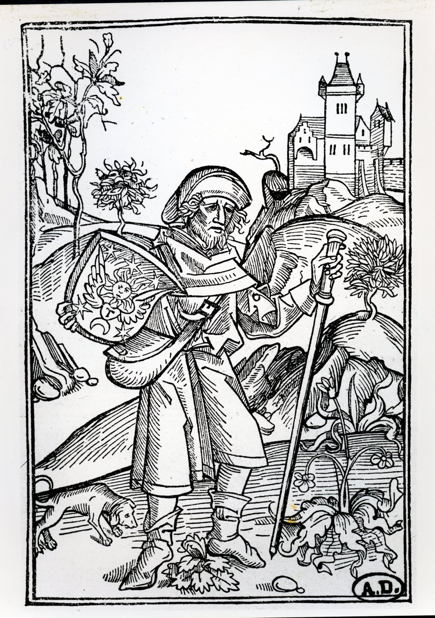 A zarándok kutyájával egy vár előtt, Johannes Gerson 1489-ben Bázelben kiadott operája második részének címlapillusztrációja. alkotó: Albrecht Dürer