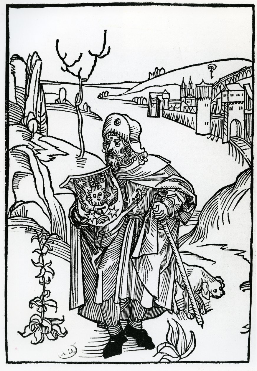 Gerson mint zarándok, Jean Gerson „Gersonis Opera” című művének előlapja, 1489. alkotó: Albrecht Dürer