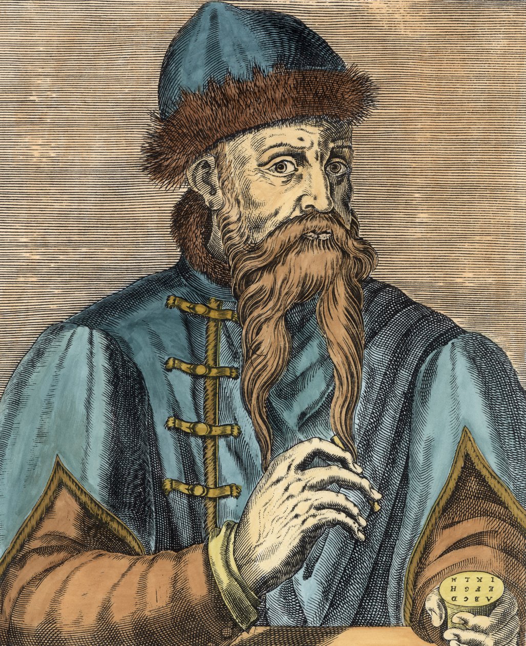 Johannes Gutenberg (kb. 1400-68) portréja (későbbi színezés) alkotó: Albrecht Mentz