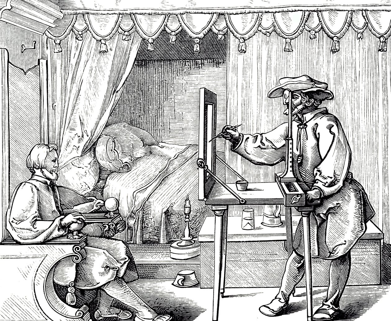 Fametszet, amely egy művészt ábrázol rajzi segédeszköz segítségével, hogy a portré arányait helyesbítse. Albrecht Dürer (1471-1528) német festő, nyomdász és a reneszánsz teoretikus metszete alkotó: Albrecht (after) Durer or Duerer