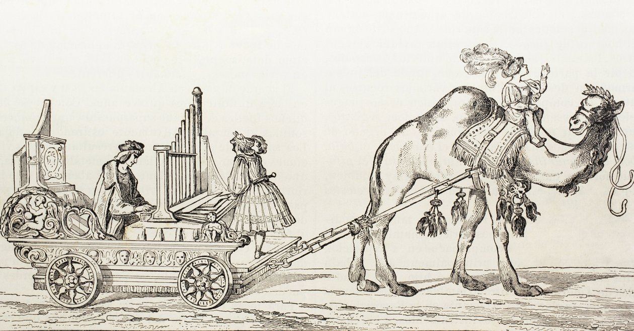 Paul Hoffaner orgonista játszik egy teve által vontatott kocsiban, 1880 körül (metszet) alkotó: Albrecht (after) Durer or Duerer