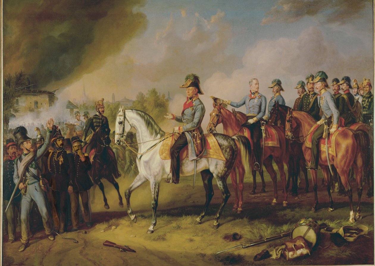 Johann Joseph Wenzel Radetzky tábornagy és vezérkara Milánó előtt... (festmény, vászon) alkotó: Albrecht Adam
