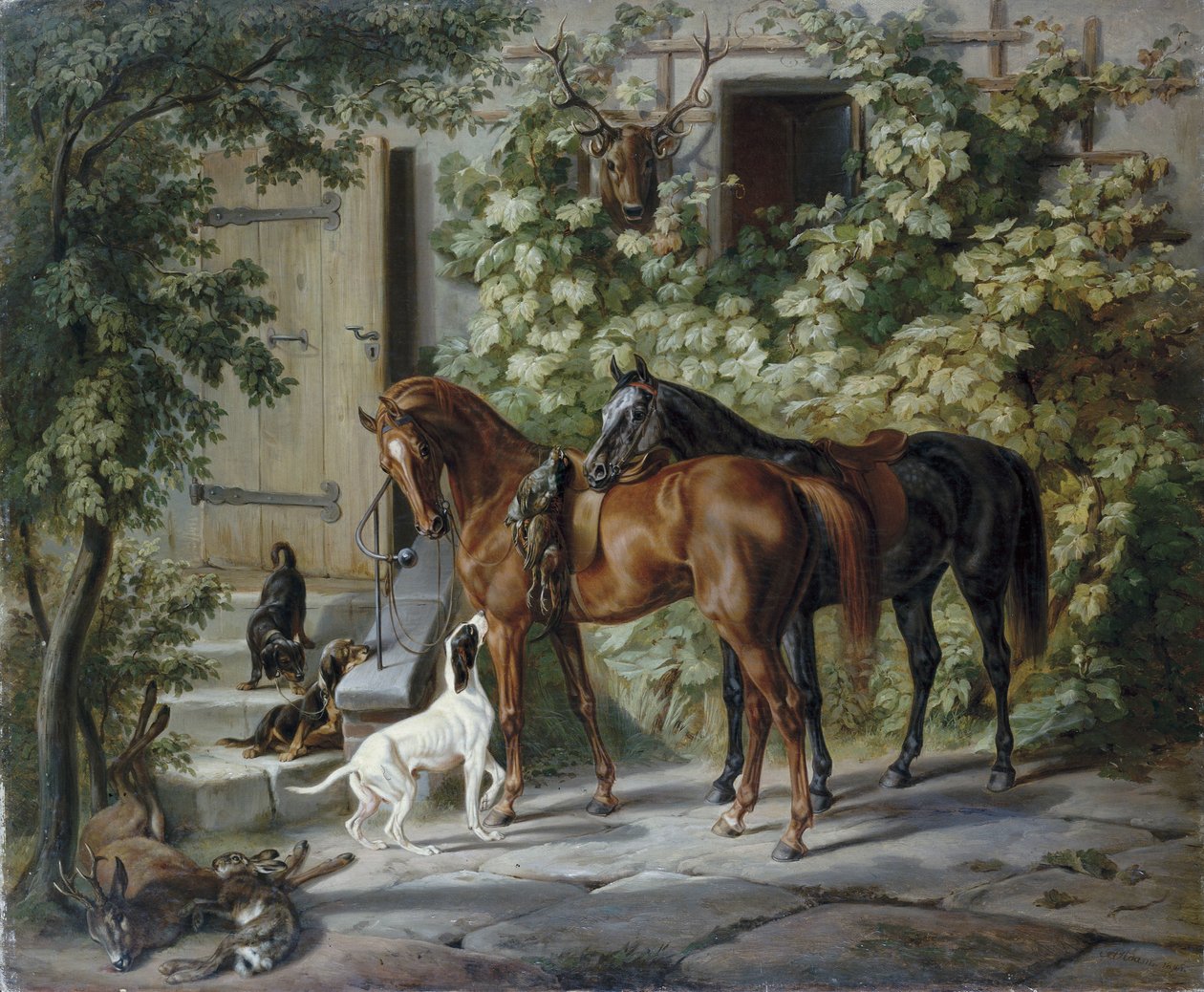 Lovak a verandán alkotó: Albrecht Adam