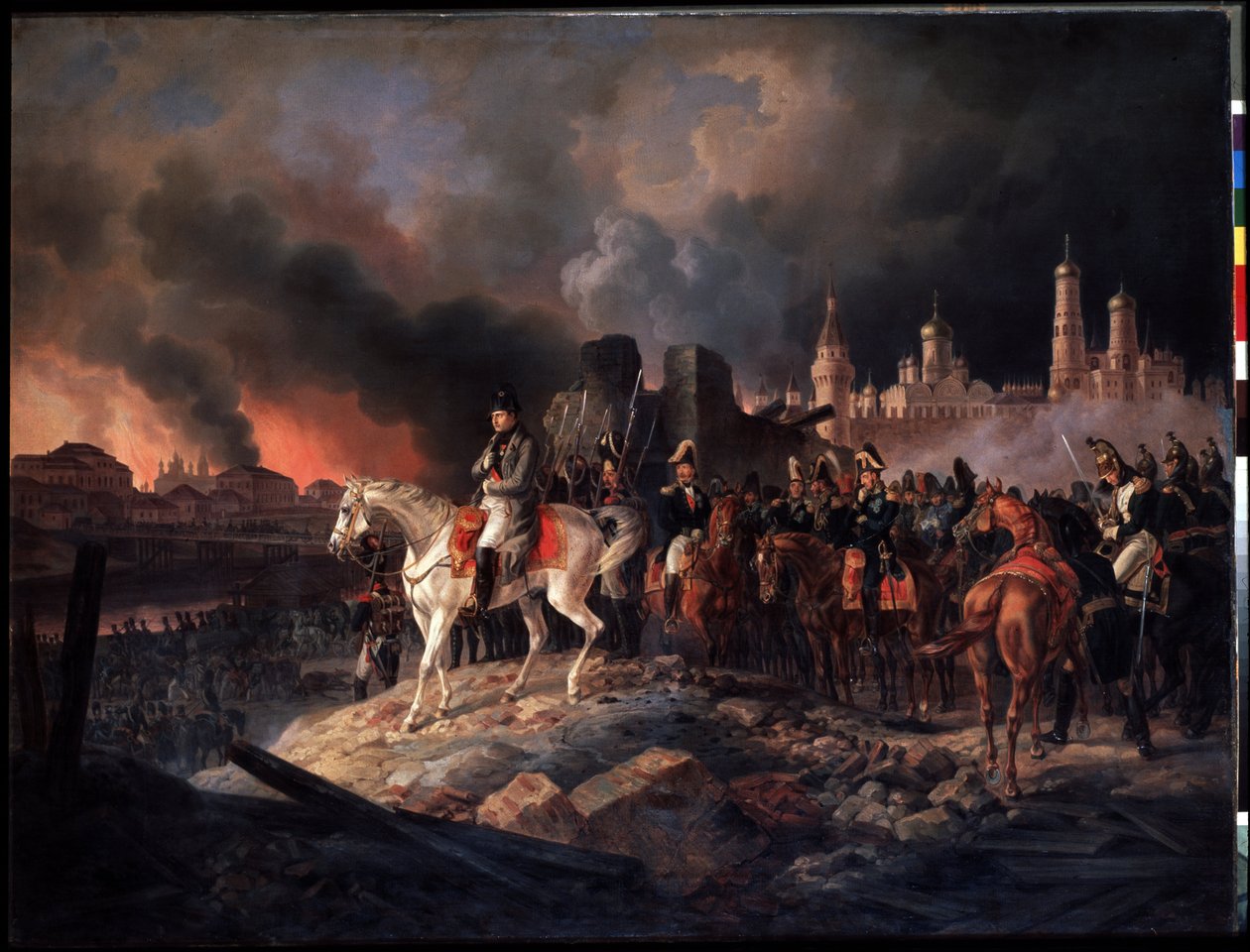 ""Moszkvai tűz 1812. 09. 15-én"" A város kormányzója, gróf Rostopchin I. Napóleon csapatainak megérkezésekor felgyújtotta a várost, I. Napóleon császár (1769-1821) Moszkva előtt lángokban, a jobb oldalon. kiterjeszti a Kreml. festett alkotó: Albrecht Adam