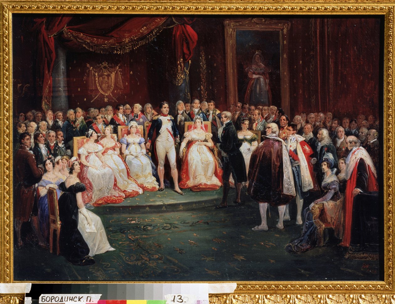 ""Bonaparte Napóleon (1769-1821) császár fogadása"": a Napóleon előtt álló Georges Cuvier-t (1769-1832) 1803. november 26-án a Becsületrend lovagjává tették. a szobát, megjegyezhetjük: Madame de Stael alkotó: Albrecht Adam